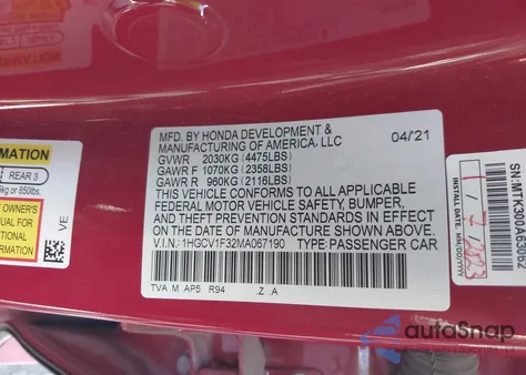 2021 Honda Accord Sport z USA, uszkodzony, nr VIN 1HGCV1F32MA067190